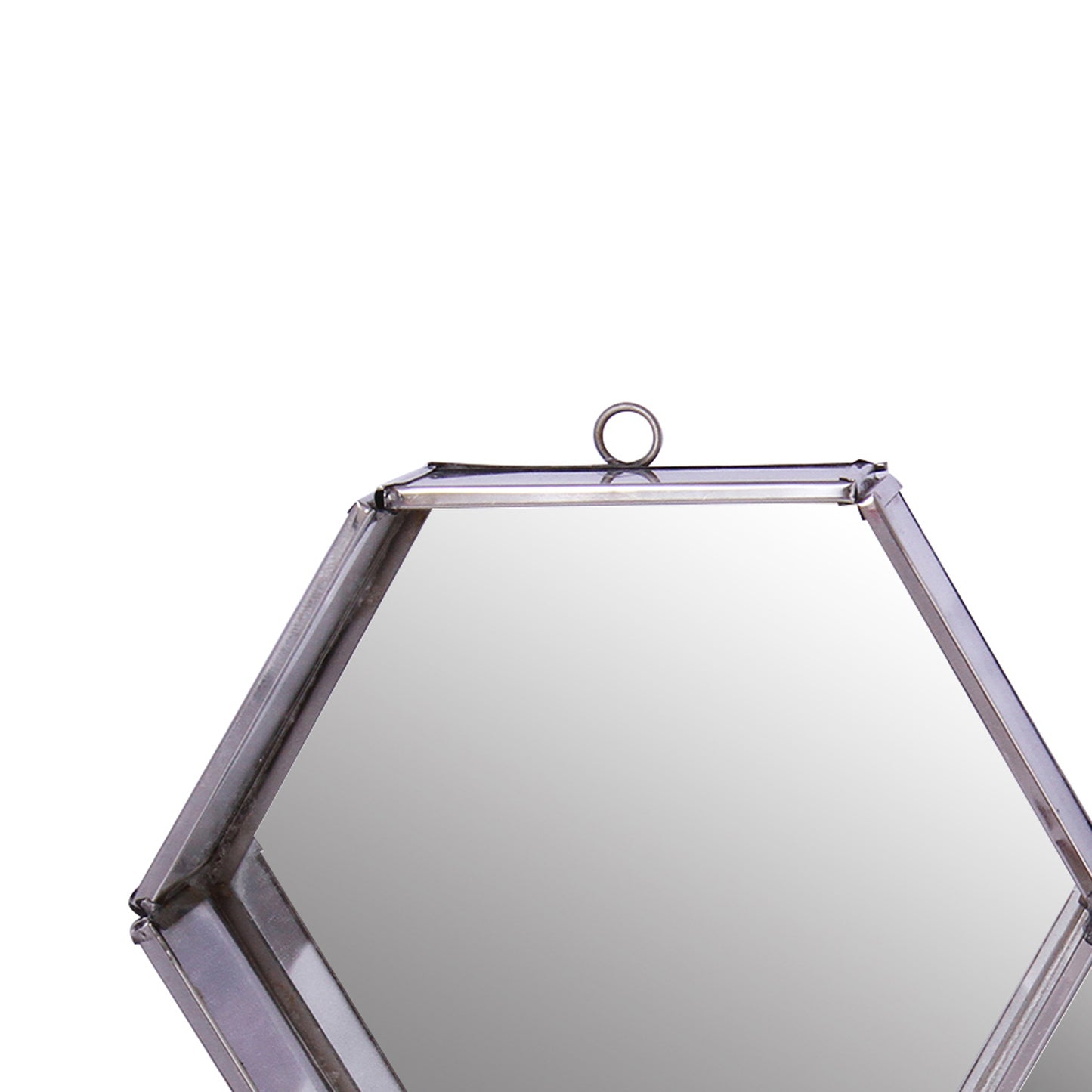 Hexagonal Mirrored Wall Display With Two Keyhole Hanger On Top Silver
