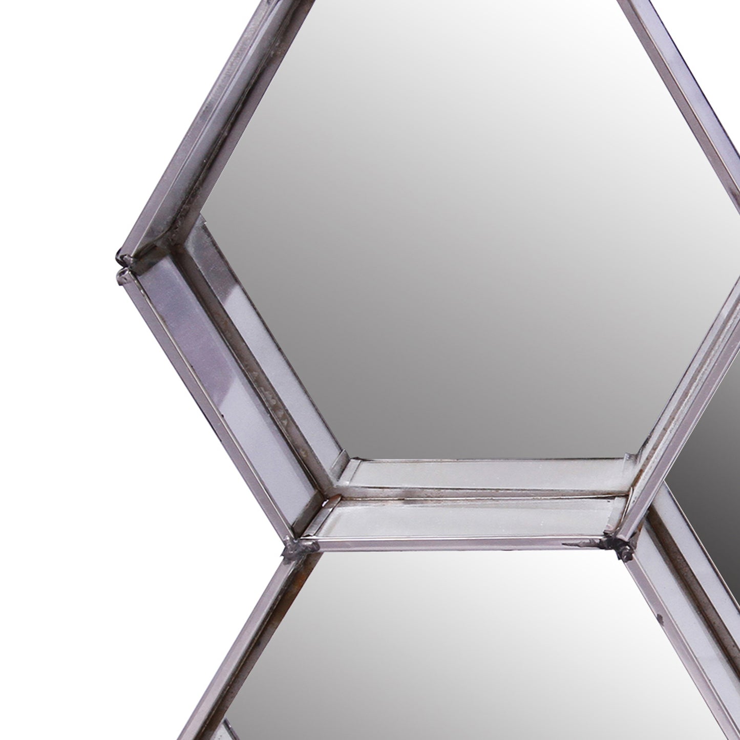 Hexagonal Mirrored Wall Display With Two Keyhole Hanger On Top Silver