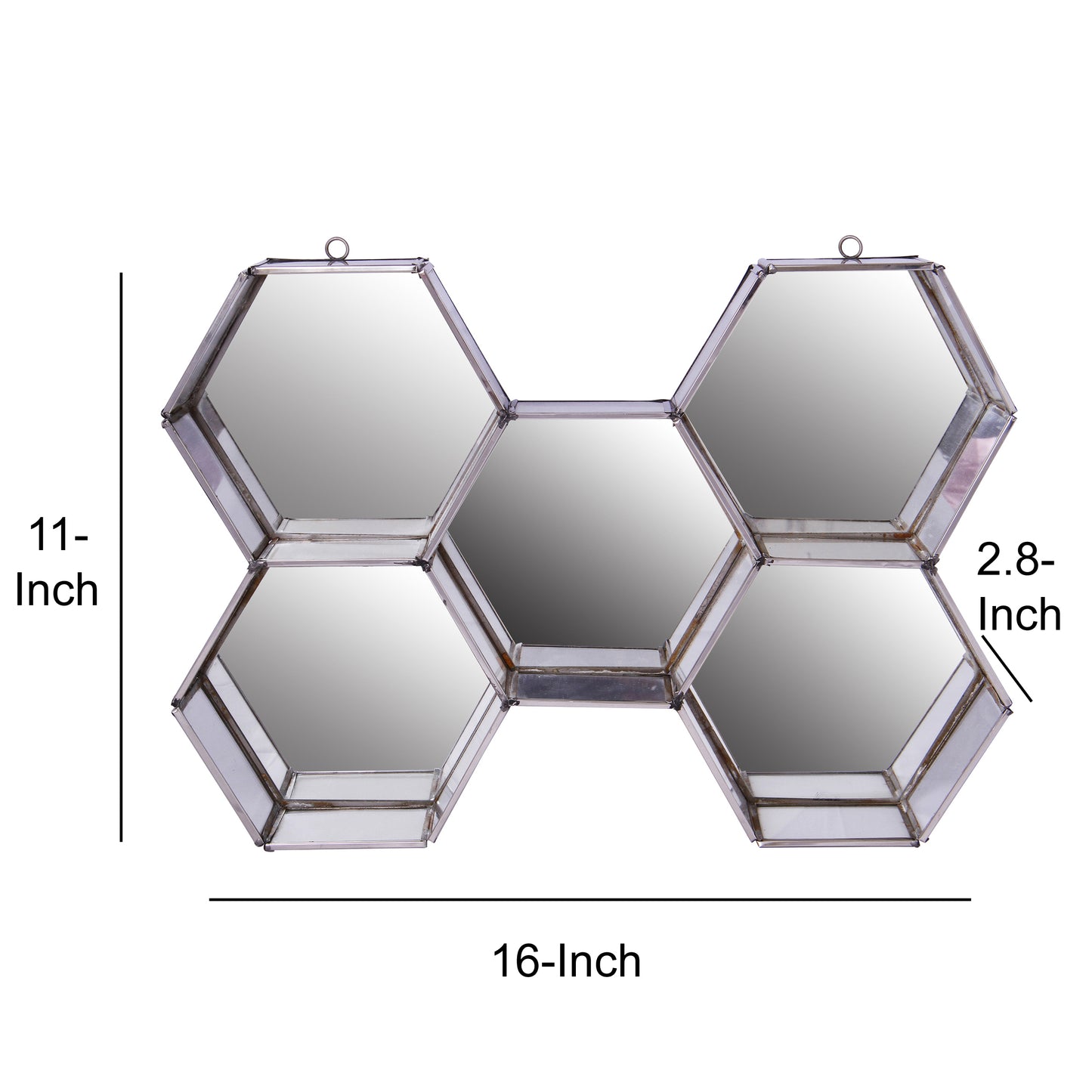 Hexagonal Mirrored Wall Display With Two Keyhole Hanger On Top Silver