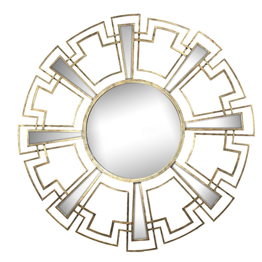 Round Sunburst Wall Mirror With Geometric Design Metal Frame Gold