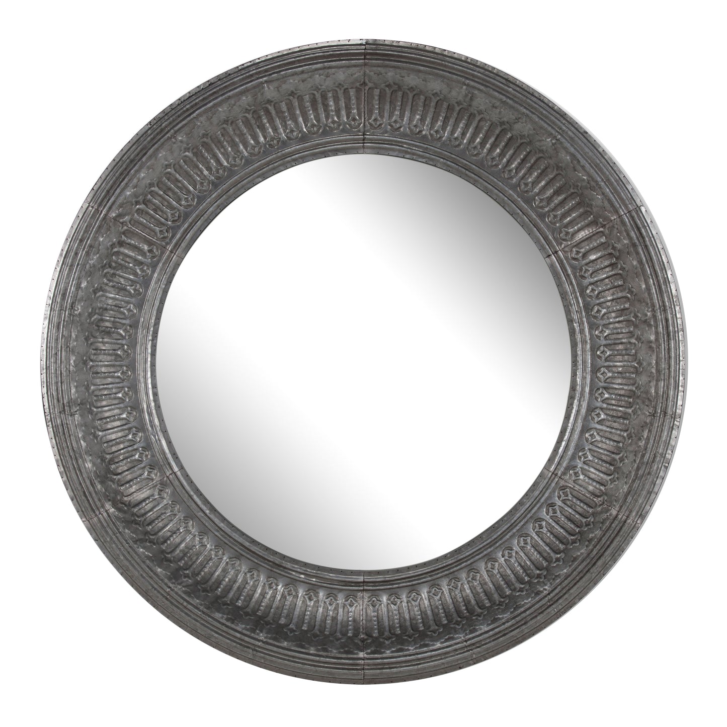 Round Wall Mirror With Thick Embossed Metal Border Antique Gray