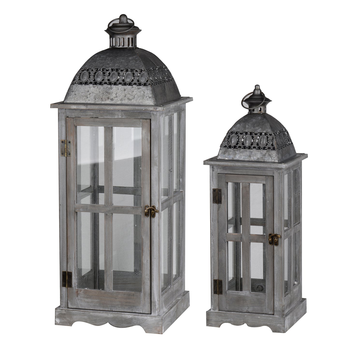 Wood And Metal Lanterns With Glass Window Pane Design Gray Set Of 2