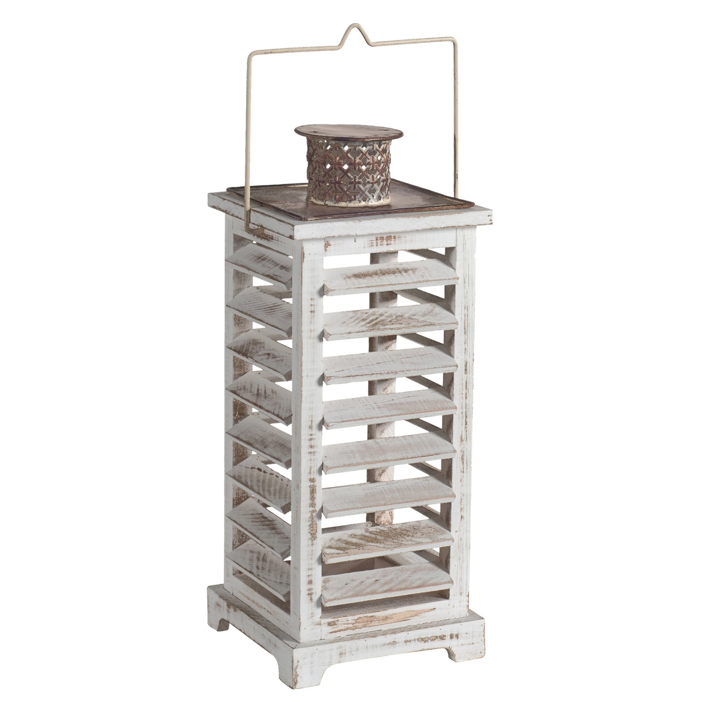 Wood And Metal Lanterns With Louvered Design White Set Of 2