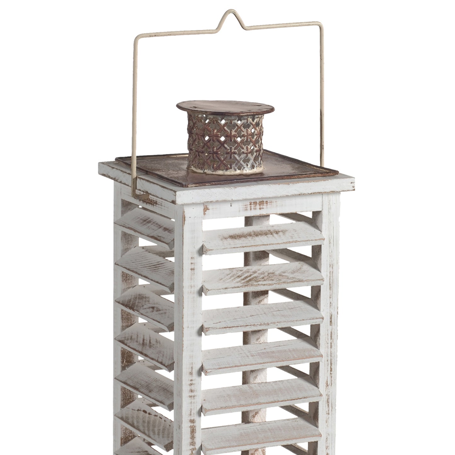 Wood And Metal Lanterns With Louvered Design White Set Of 2