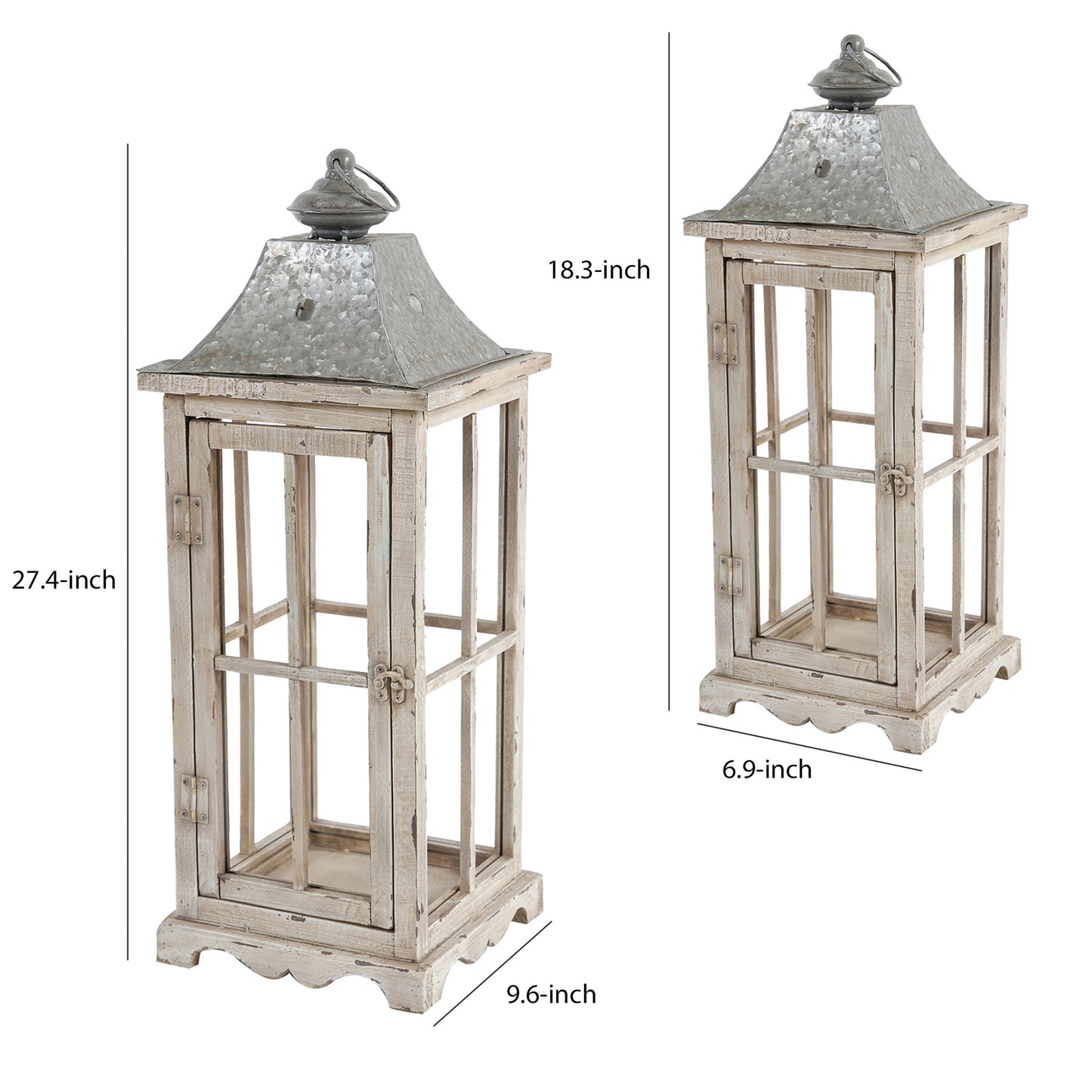 Wood And Metal Lanterns With Window Pane Design White Set Of 2