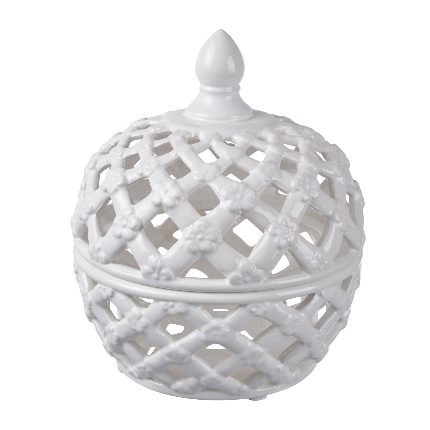 Decorative Ceramic Lidded Jar With Flower Motif Exterior Small White