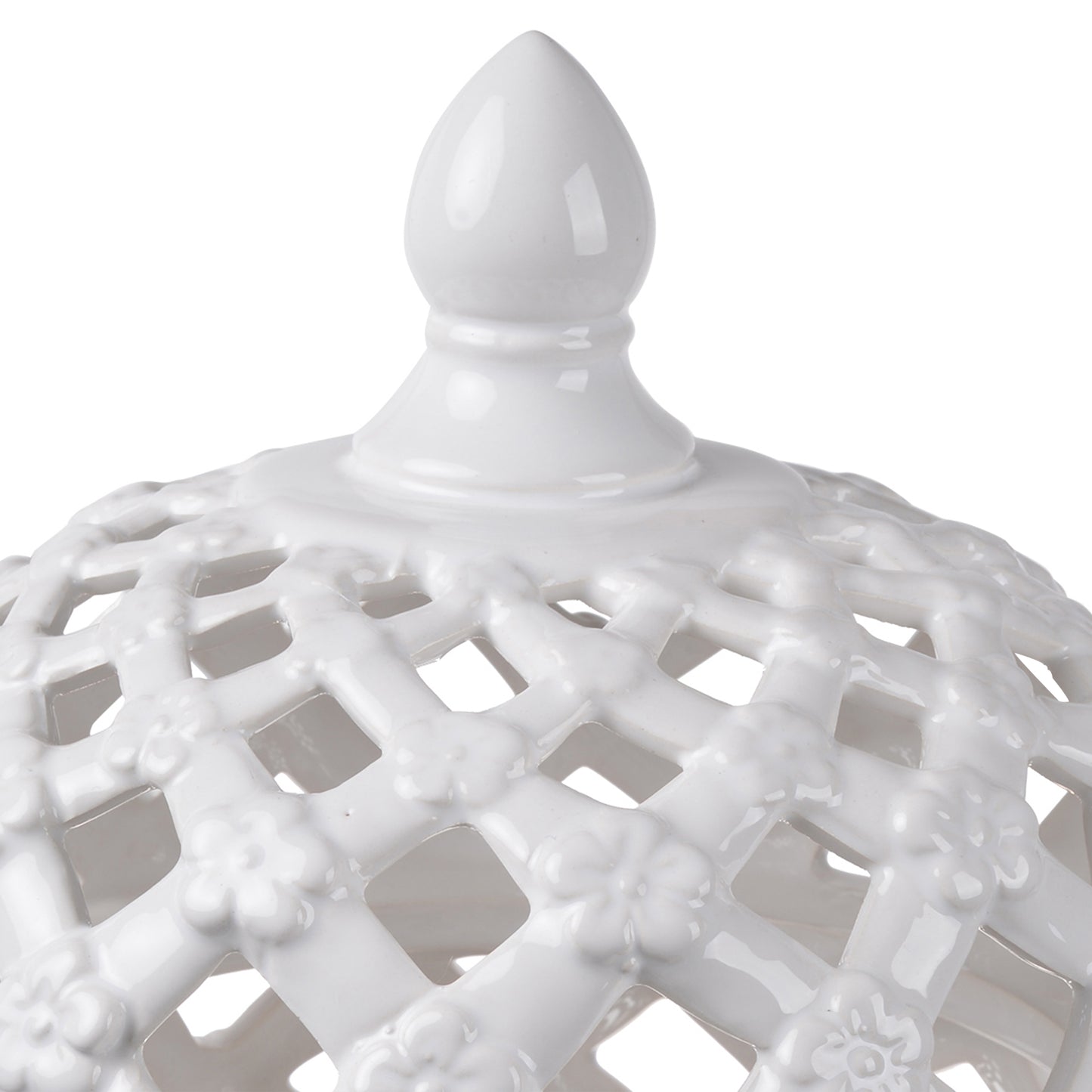 Decorative Ceramic Lidded Jar With Flower Motif Exterior Small White