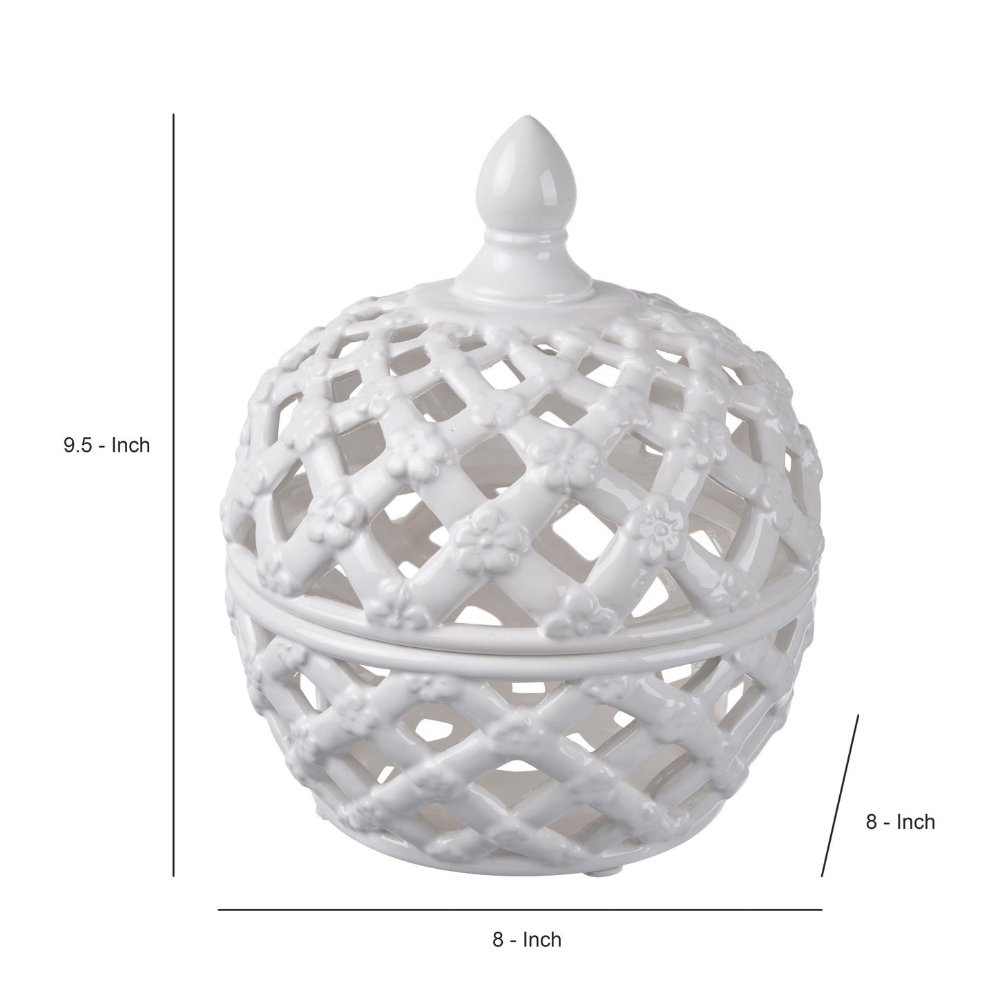 Decorative Ceramic Lidded Jar With Flower Motif Exterior Small White