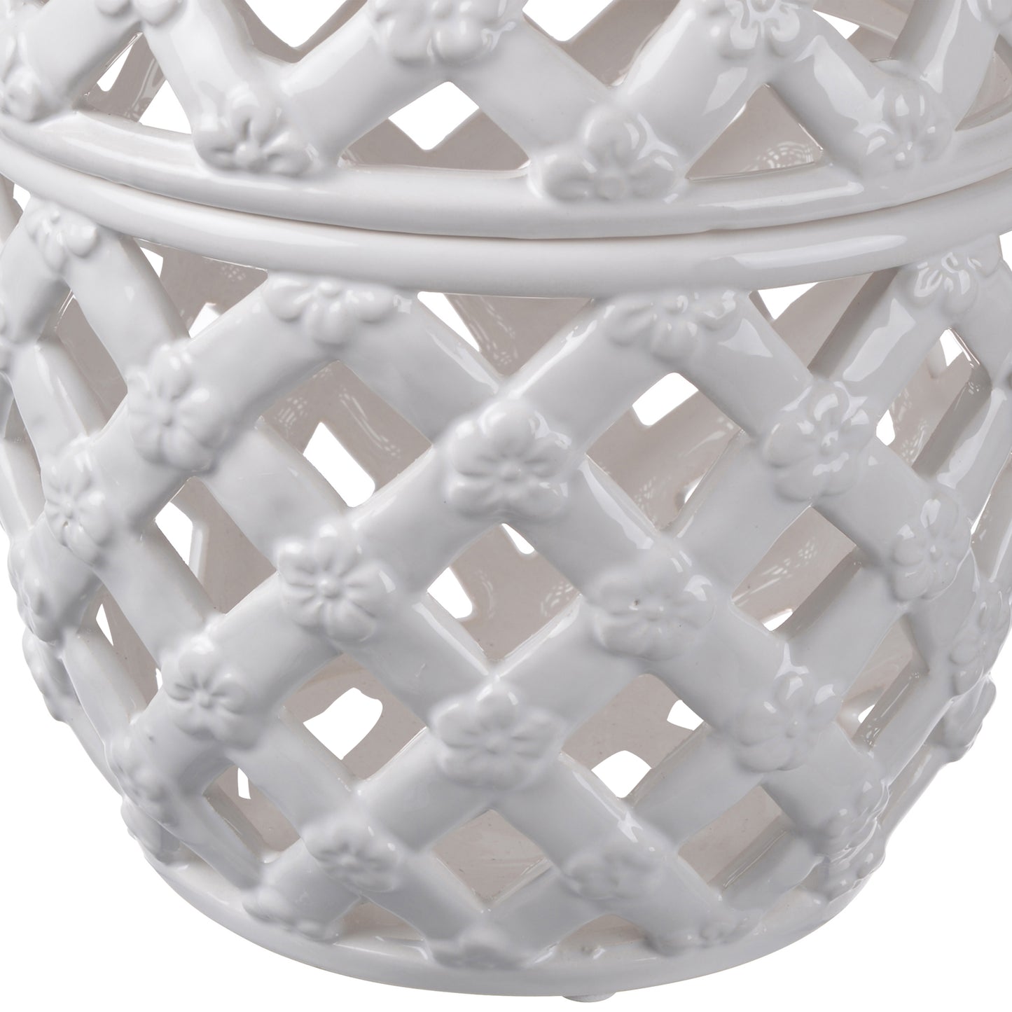 Decorative Ceramic Lidded Jar With Cut Out Texture Large White
