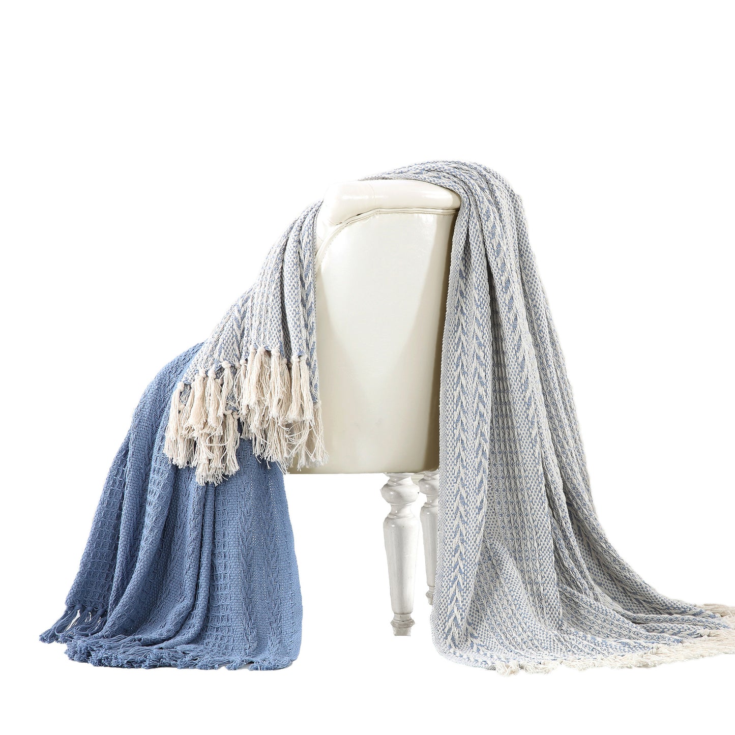 Latina Cotton Throw With Decorative Fringe Set Of 2 Blue