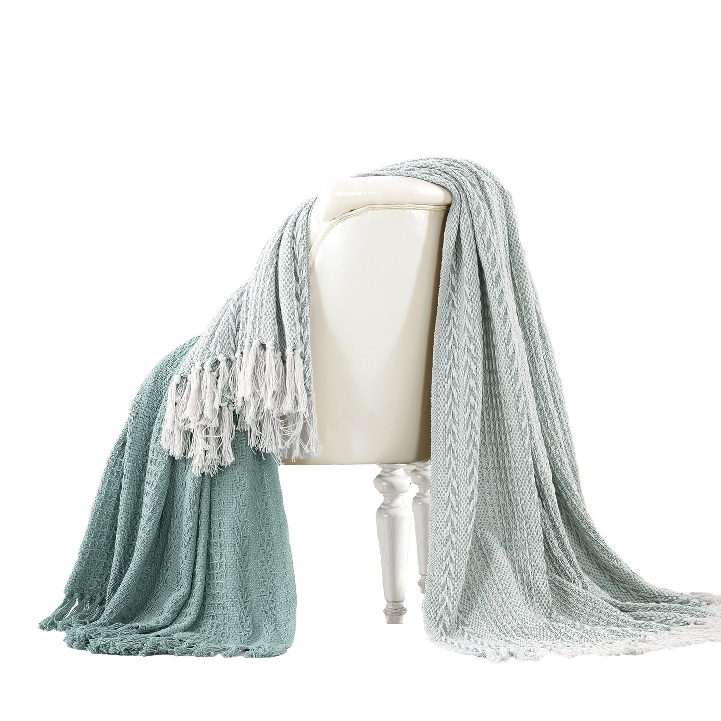 Latina Cotton Throw With Decorative Fringe Aqua Blue Set Of 2