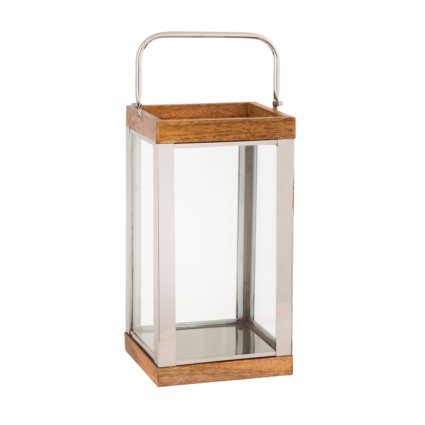 Wood And Metal Lantern With Glass Panel Inserts Large brown And Clear