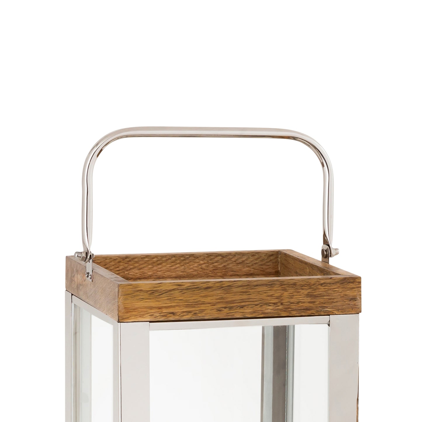 Wood And Metal Lantern With Glass Panel Inserts Large brown And Clear