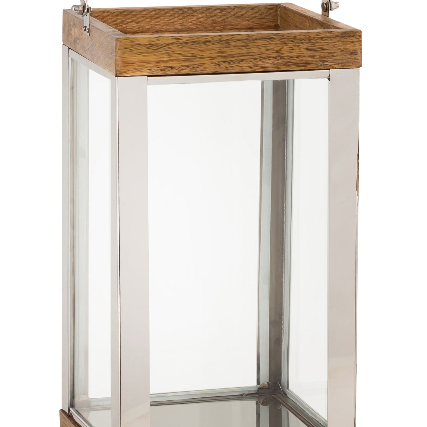 Wood And Metal Lantern With Glass Panel Inserts Large brown And Clear