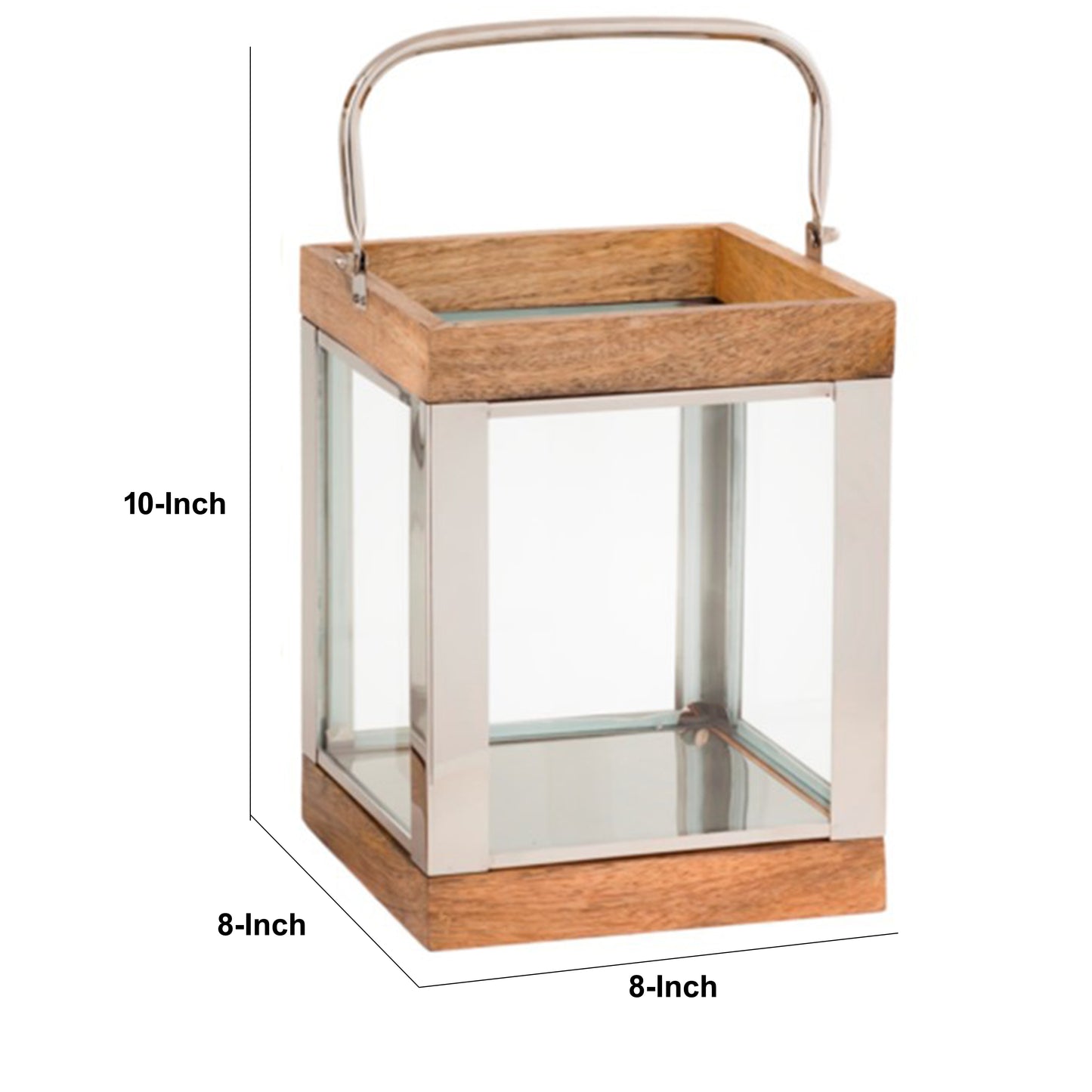 Wood And Metal Lantern With Glass Panel Inserts Small brown And Clear