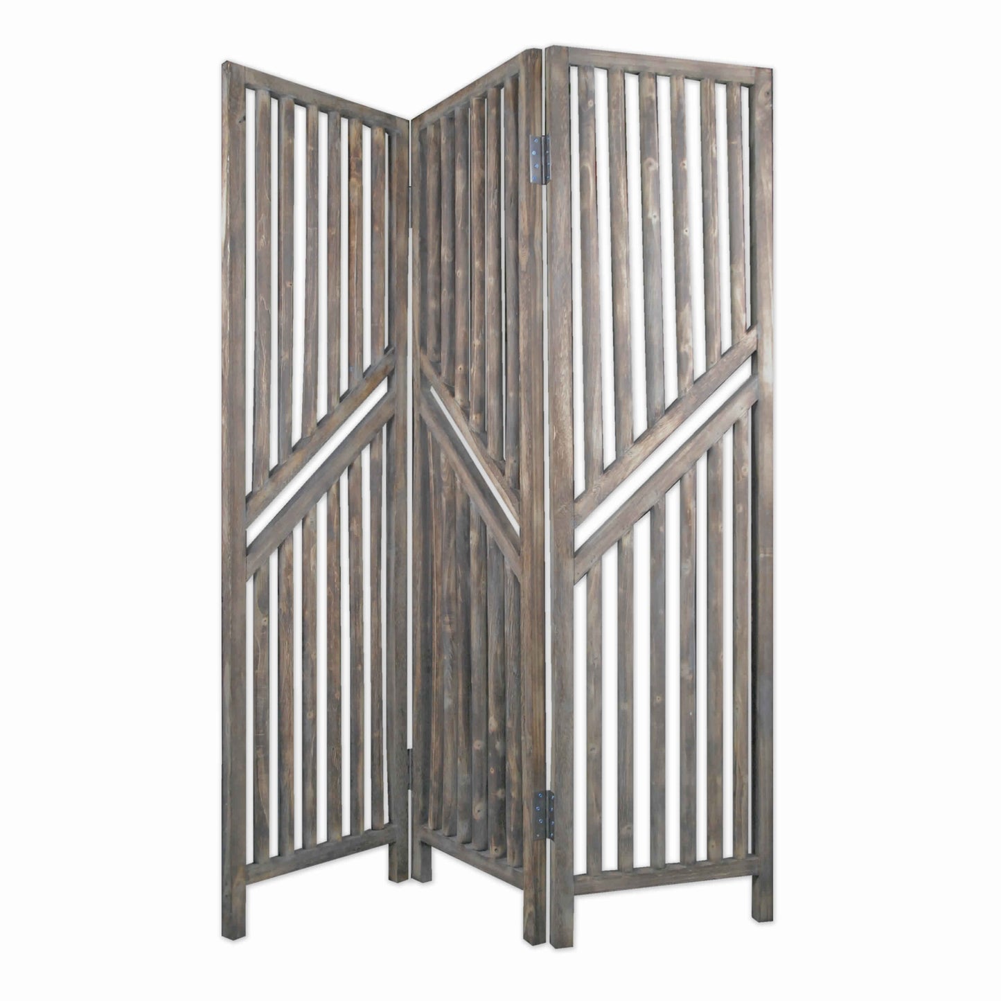 Traditional Slatted 3 Panel Wooden Room Divider, Weathered Brown