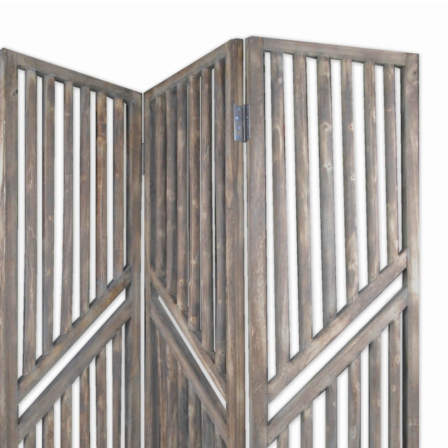 Traditional Slatted 3 Panel Wooden Room Divider, Weathered Brown