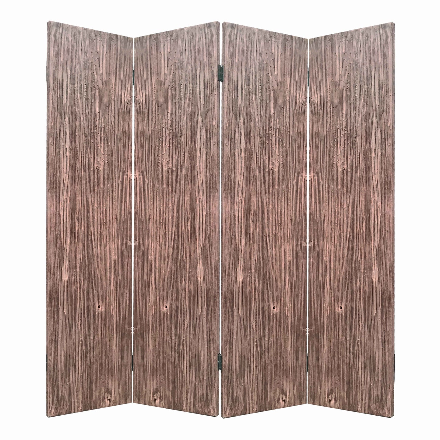 Textured and Bark Designed Wooden 4 Panel Room Divider , Natural Brown