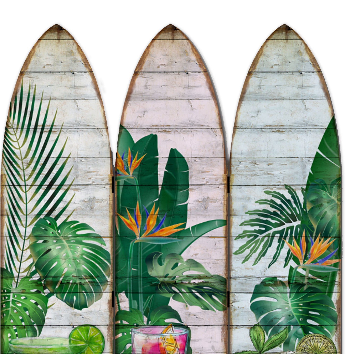 Surfboard Shaped Palm Leaf and Drinks Print 3 Panel Room Divider, Multicolor