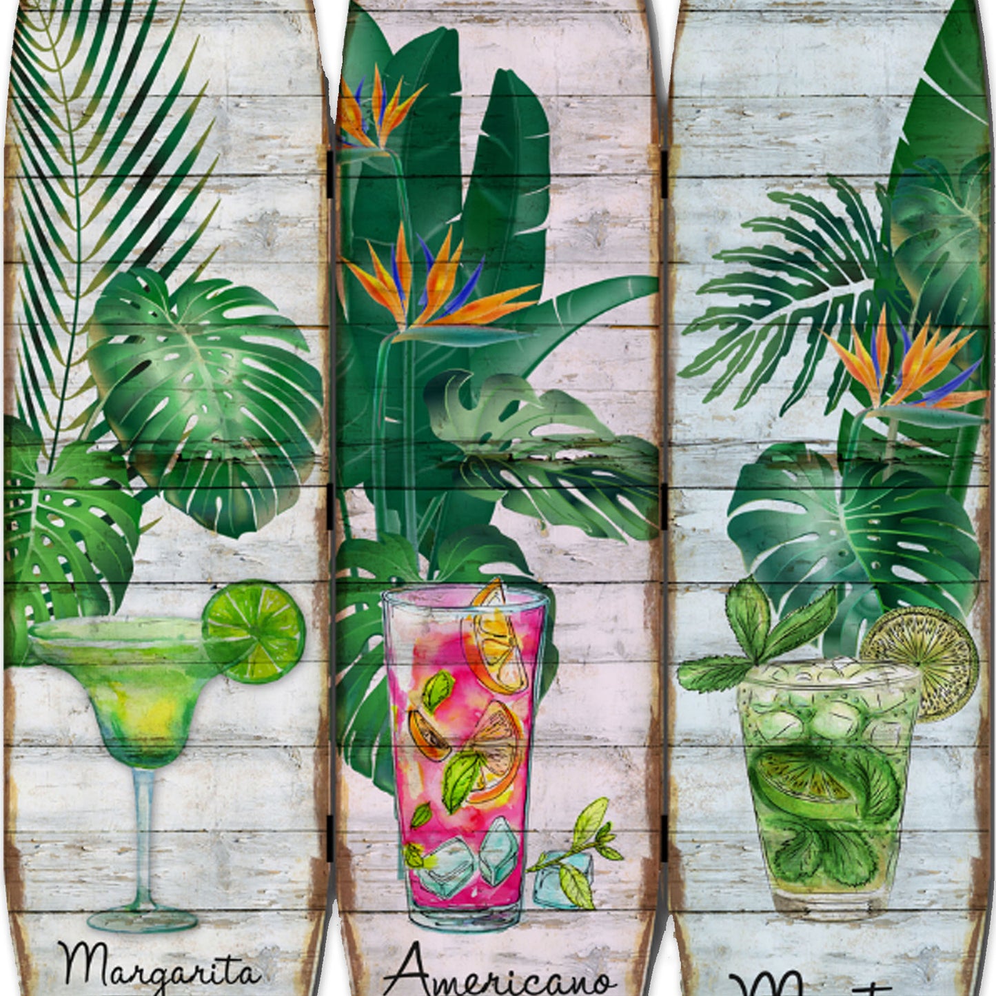 Surfboard Shaped Palm Leaf and Drinks Print 3 Panel Room Divider, Multicolor