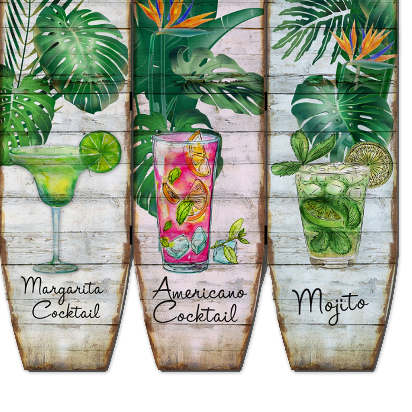 Surfboard Shaped Palm Leaf and Drinks Print 3 Panel Room Divider, Multicolor