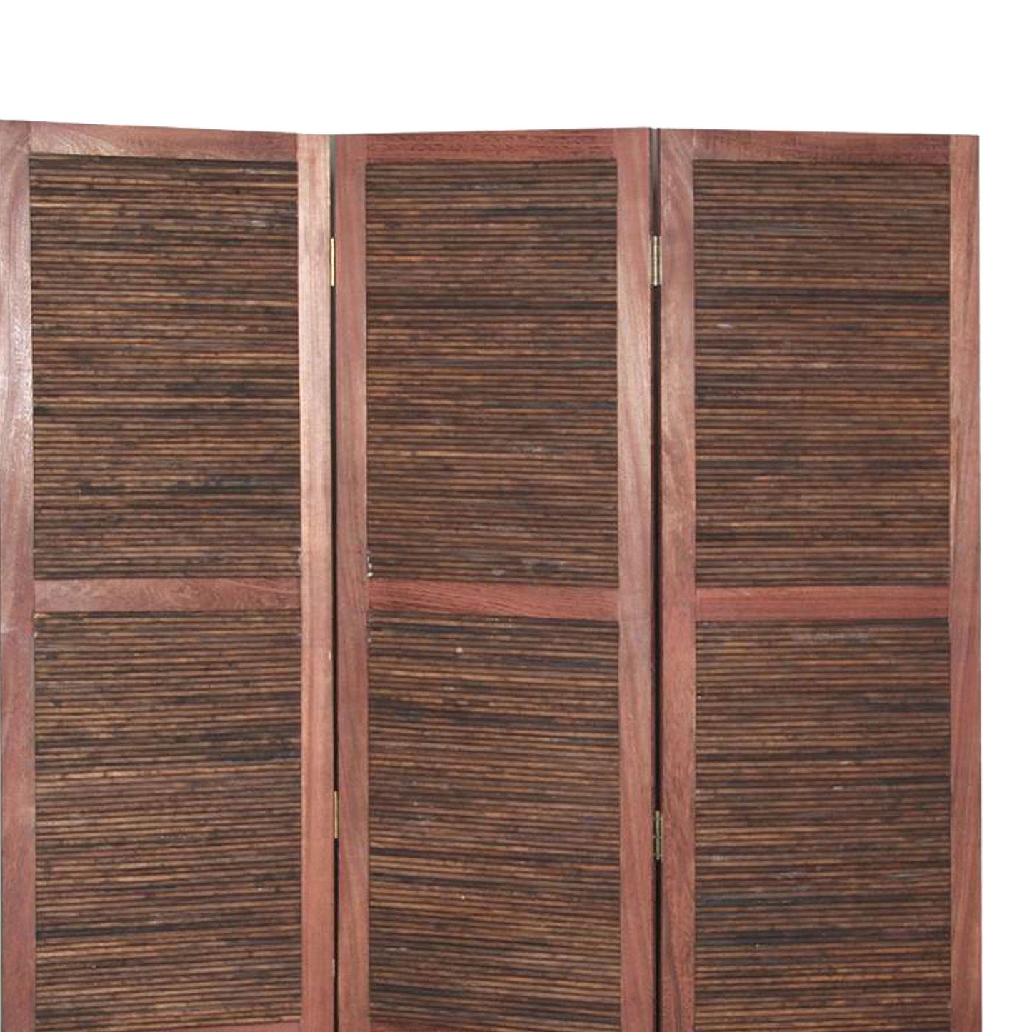 Wooden 3 Panel Room Divider with Horizontal Bamboo Stripes, Dark Brown