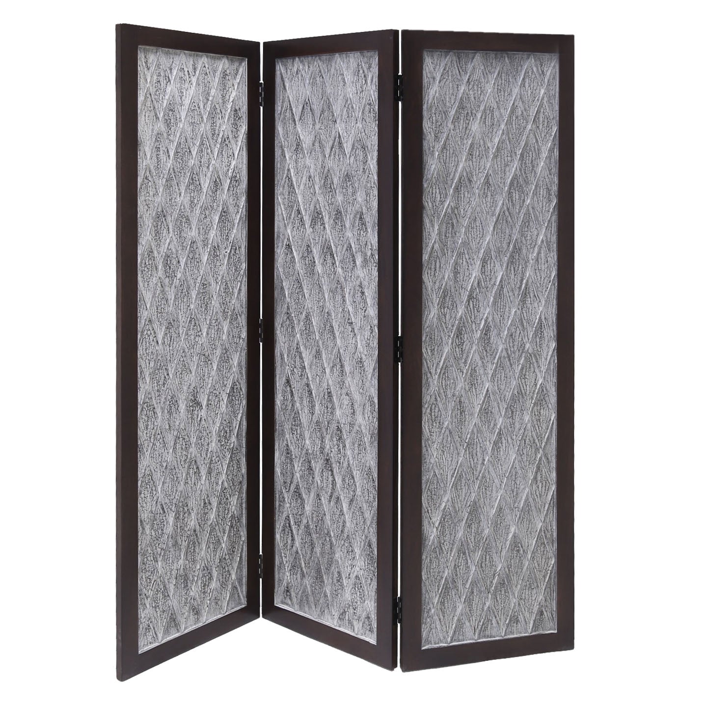 Wooden 3 Panel Room Divider with Textured Diamond Pattern, Gray and Black