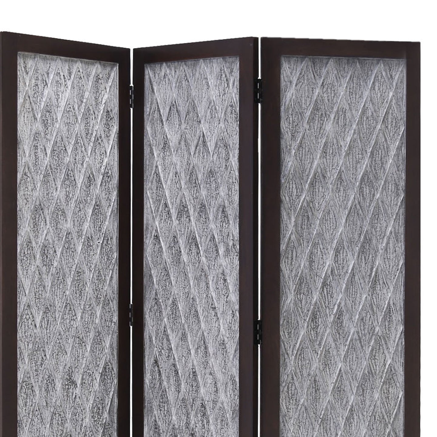 Wooden 3 Panel Room Divider with Textured Diamond Pattern, Gray and Black
