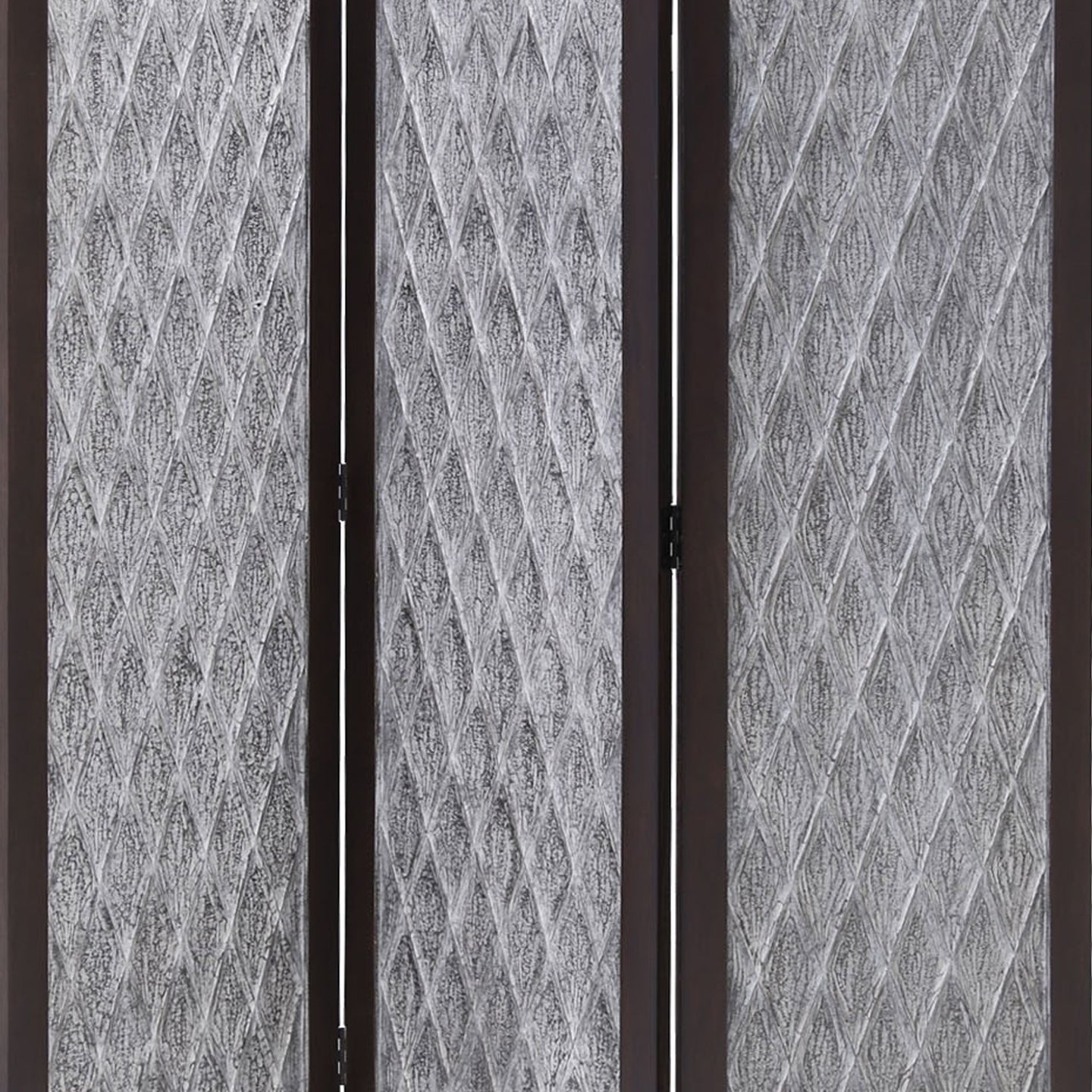 Wooden 3 Panel Room Divider with Textured Diamond Pattern, Gray and Black