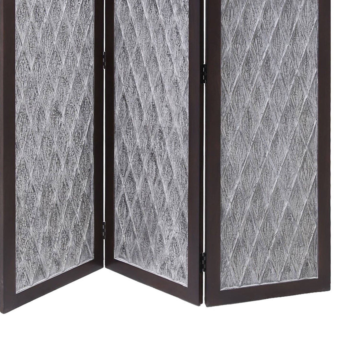 Wooden 3 Panel Room Divider with Textured Diamond Pattern, Gray and Black