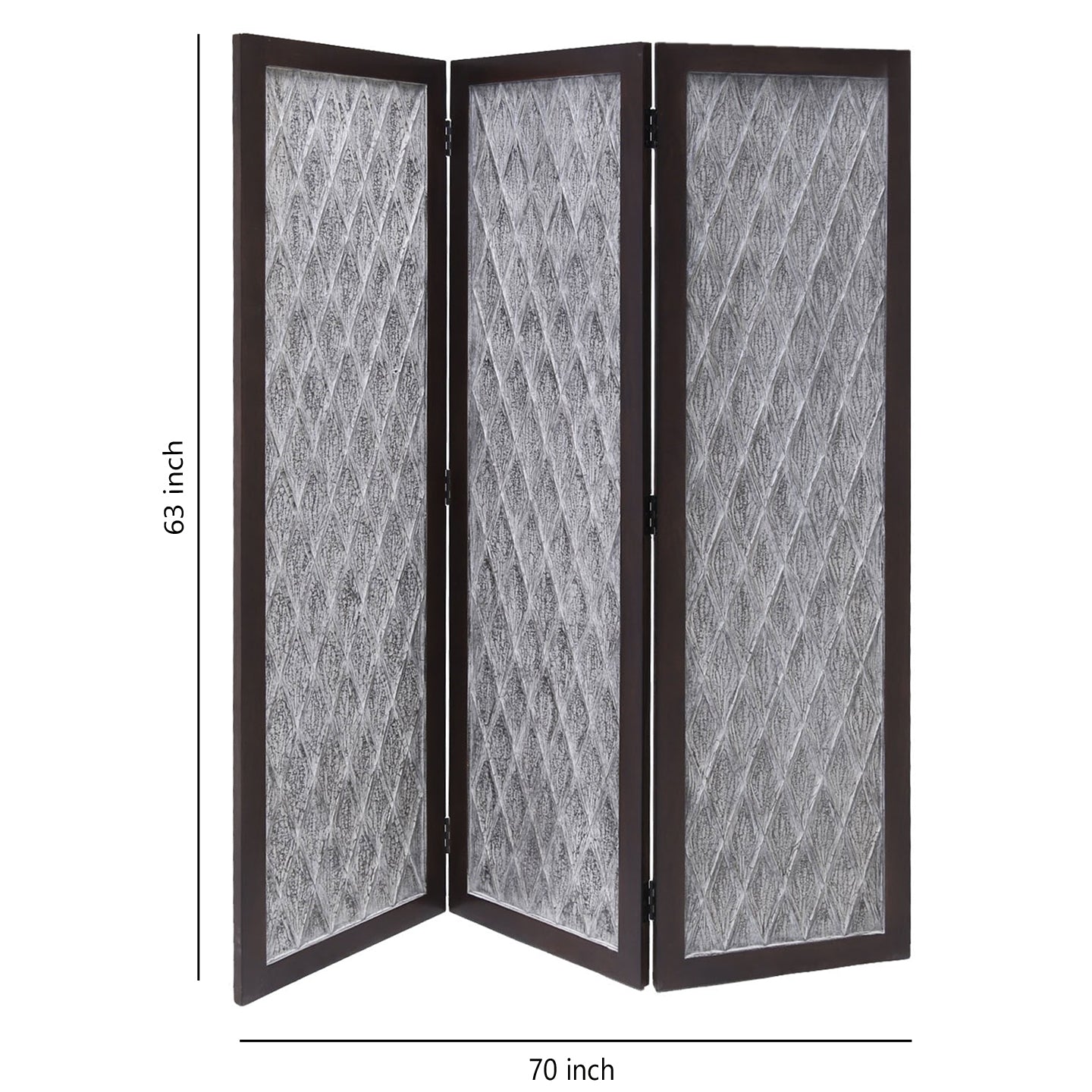 Wooden 3 Panel Room Divider with Textured Diamond Pattern, Gray and Black
