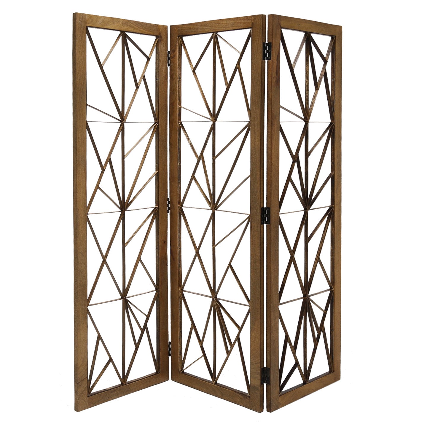 Wooden Handcrafted 3 Panel Room Divider with Intricate Iron Design, Brown