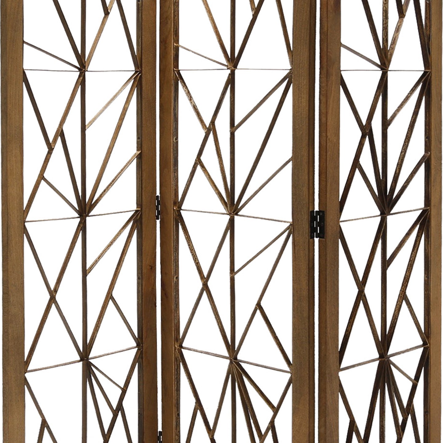 Wooden Handcrafted 3 Panel Room Divider with Intricate Iron Design, Brown