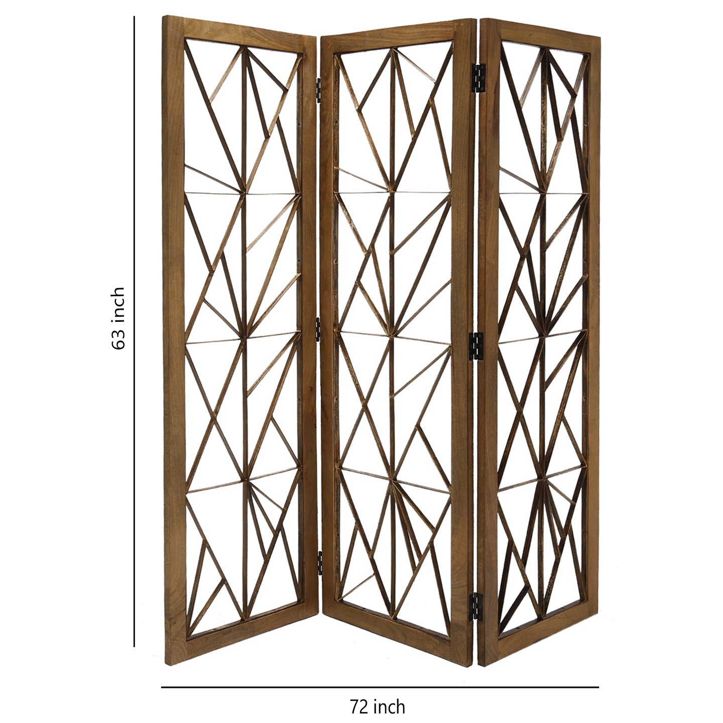 Wooden Handcrafted 3 Panel Room Divider with Intricate Iron Design, Brown