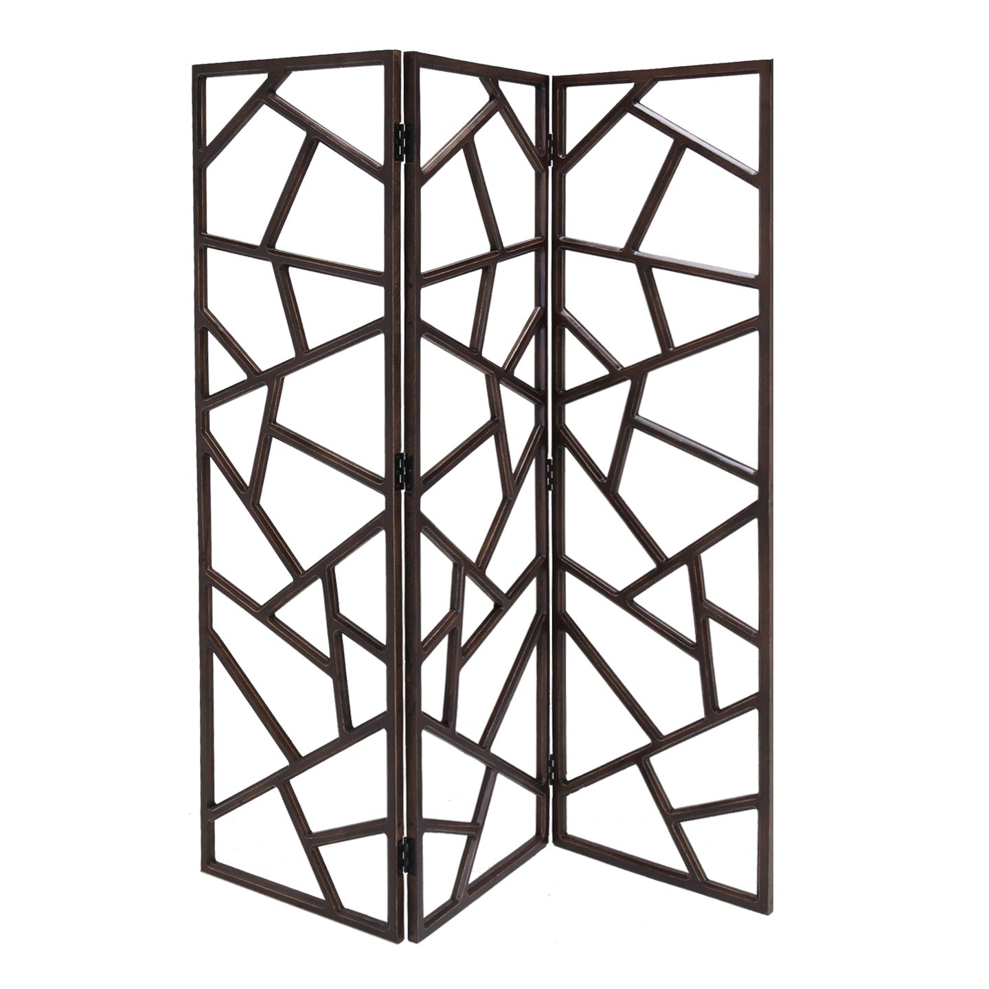 Wooden 3 Panel Room Divider with Intricate Design, Espresso Brown