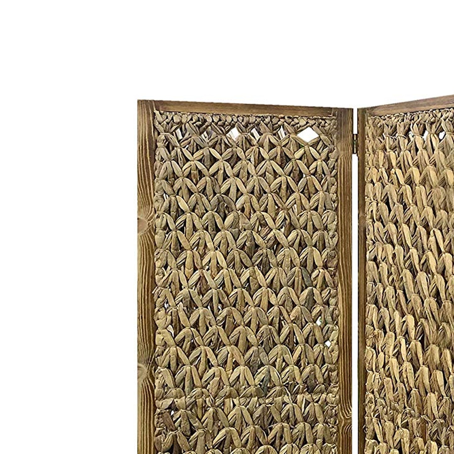 Woven Seagrass 3 Panel Wooden Room Divider, Natural Brown