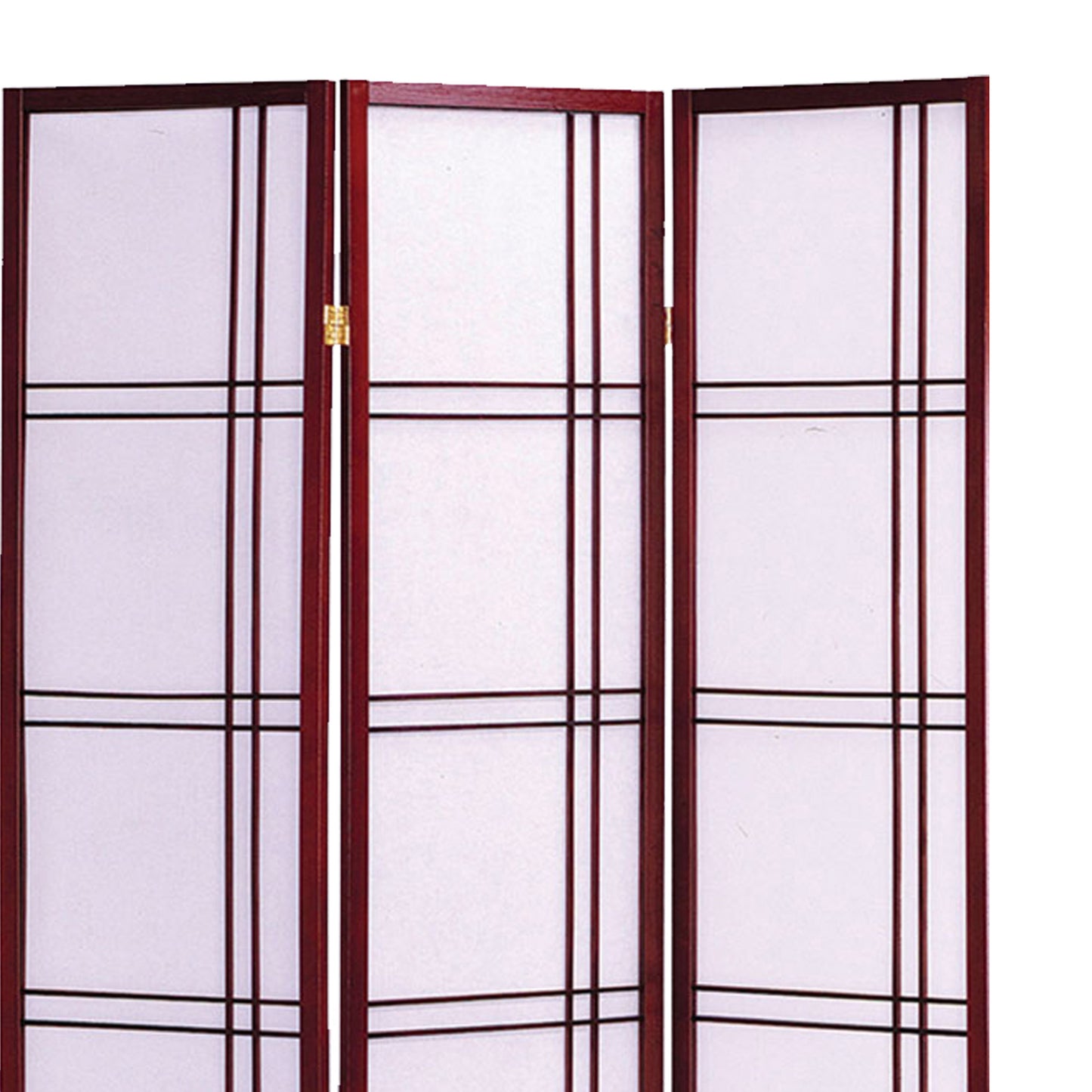 Wooden 3 Panel Room Divider with Checkered Shoji Inserts, White and Brown