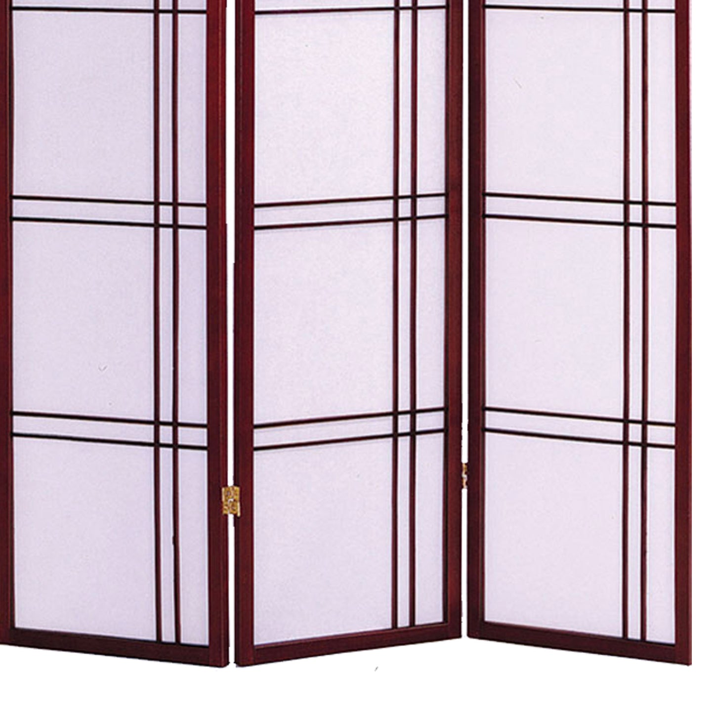 Wooden 3 Panel Room Divider with Checkered Shoji Inserts, White and Brown