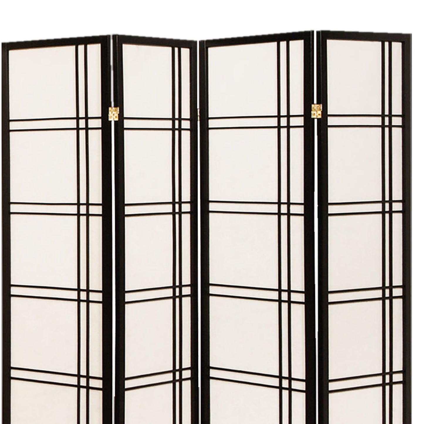 Wooden 4 Panel Room Divider with Checkered Shoji Inserts, White and Black