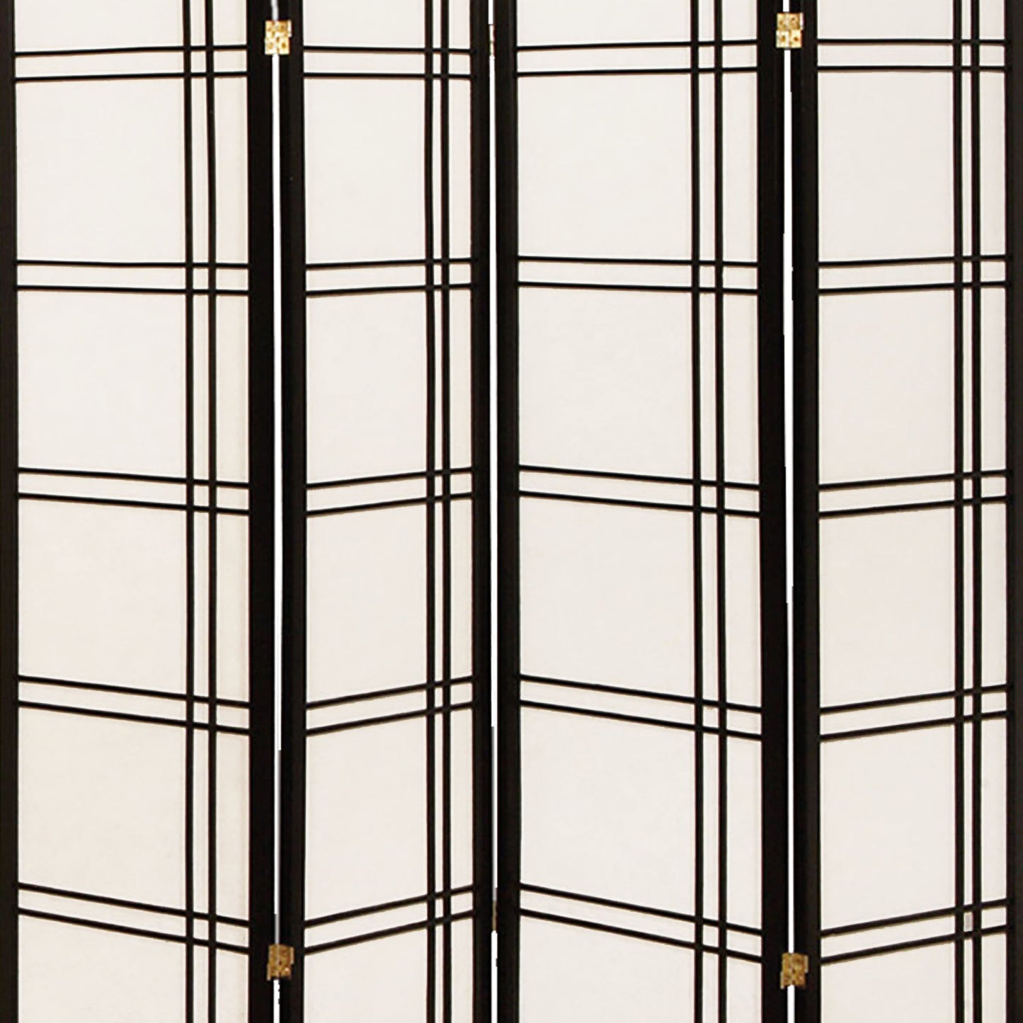 Wooden 4 Panel Room Divider with Checkered Shoji Inserts, White and Black