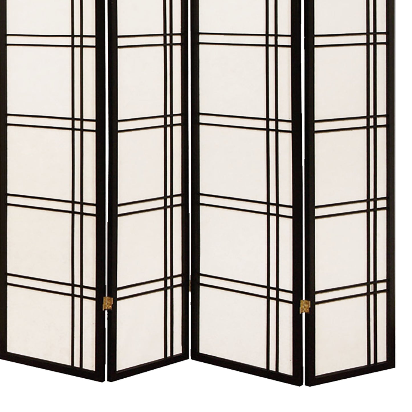 Wooden 4 Panel Room Divider with Checkered Shoji Inserts, White and Black