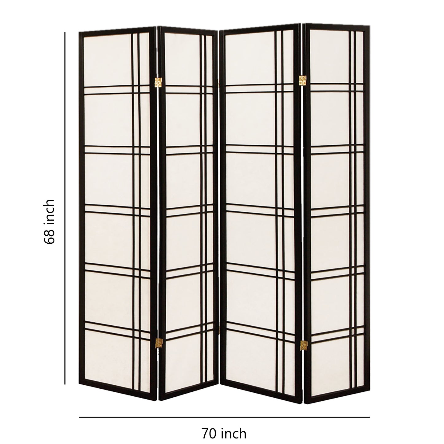 Wooden 4 Panel Room Divider with Checkered Shoji Inserts, White and Black