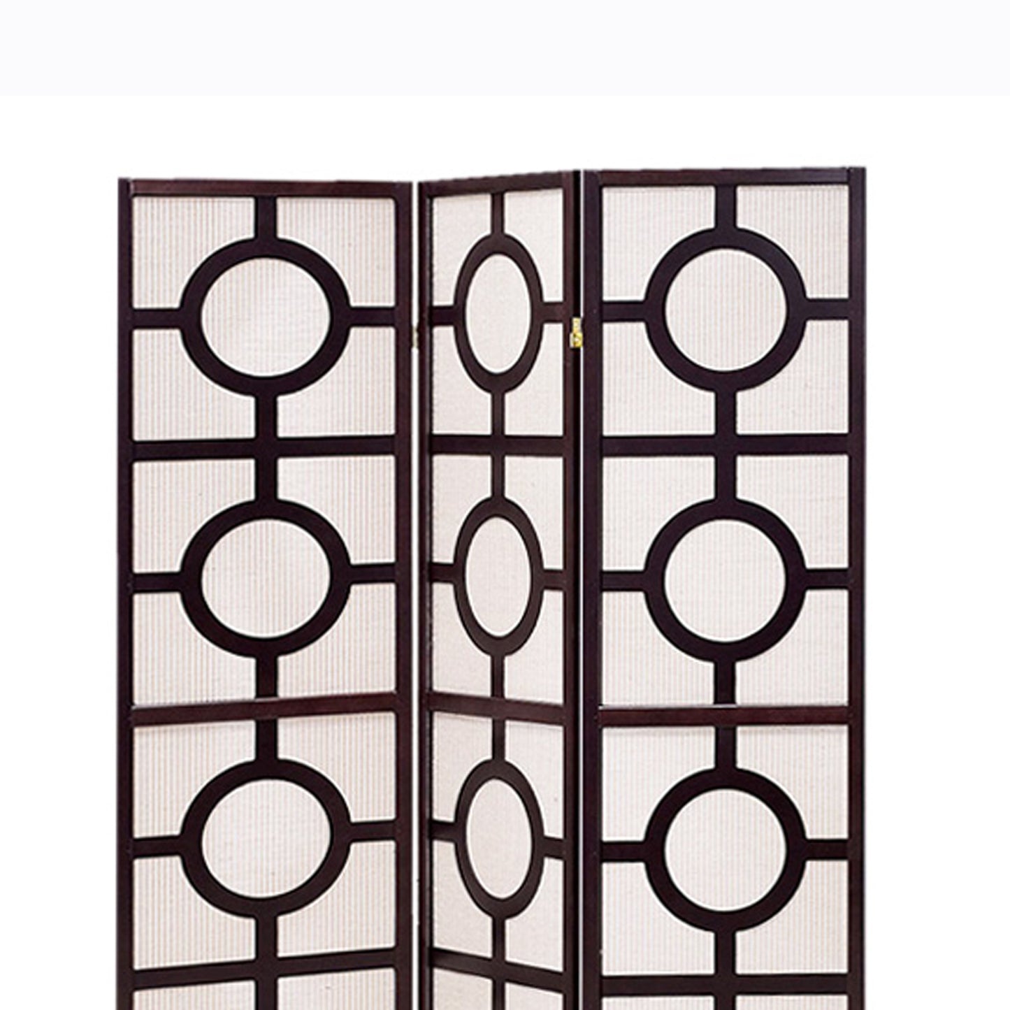 Circular Motif Wooden 3 Panel Room Divider with Jute Inlays, White and Brown