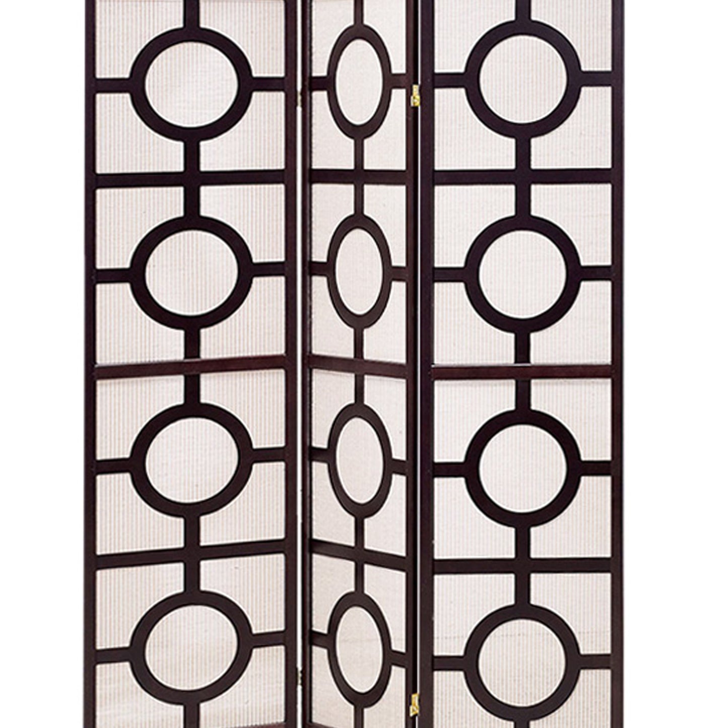 Circular Motif Wooden 3 Panel Room Divider with Jute Inlays, White and Brown