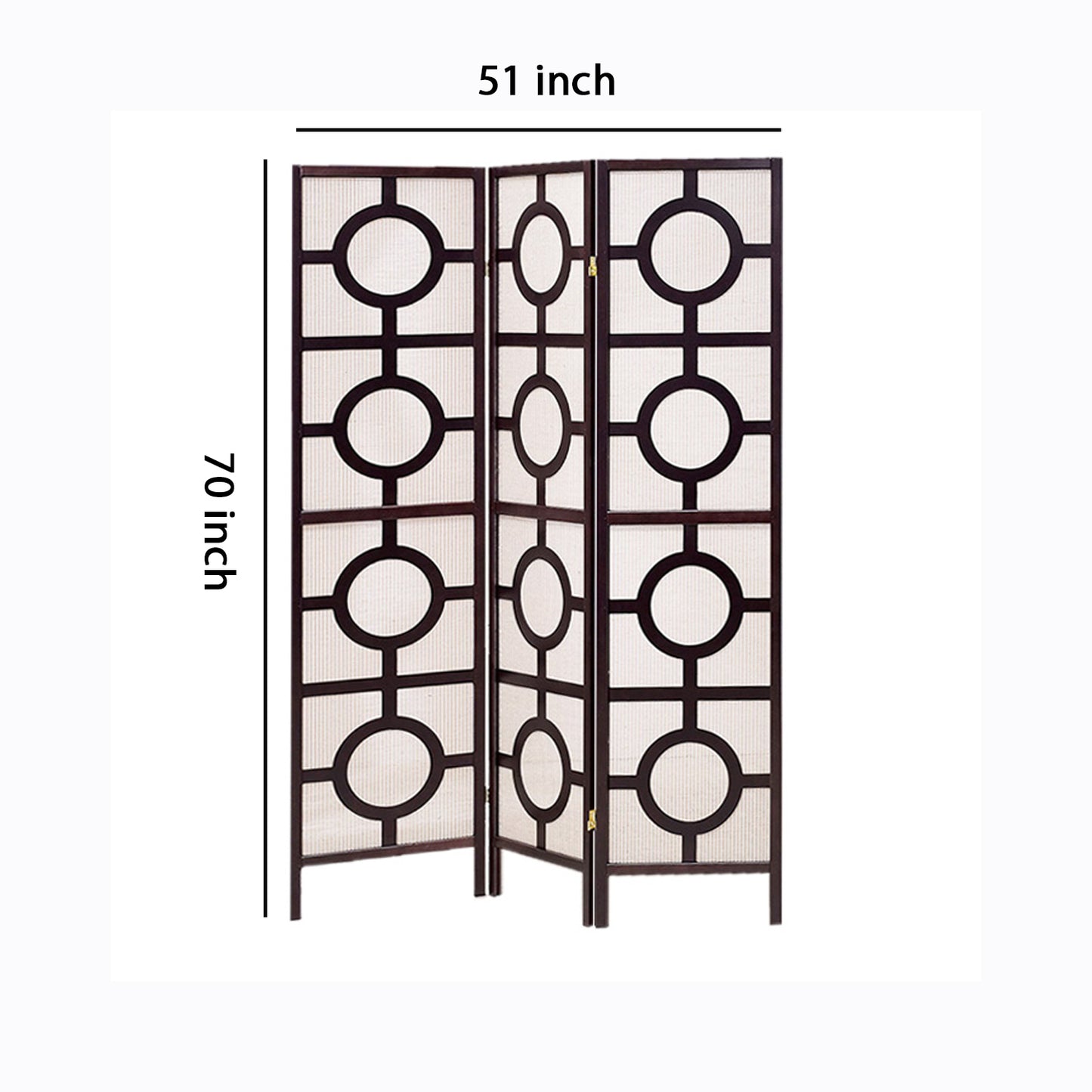 Circular Motif Wooden 3 Panel Room Divider with Jute Inlays, White and Brown