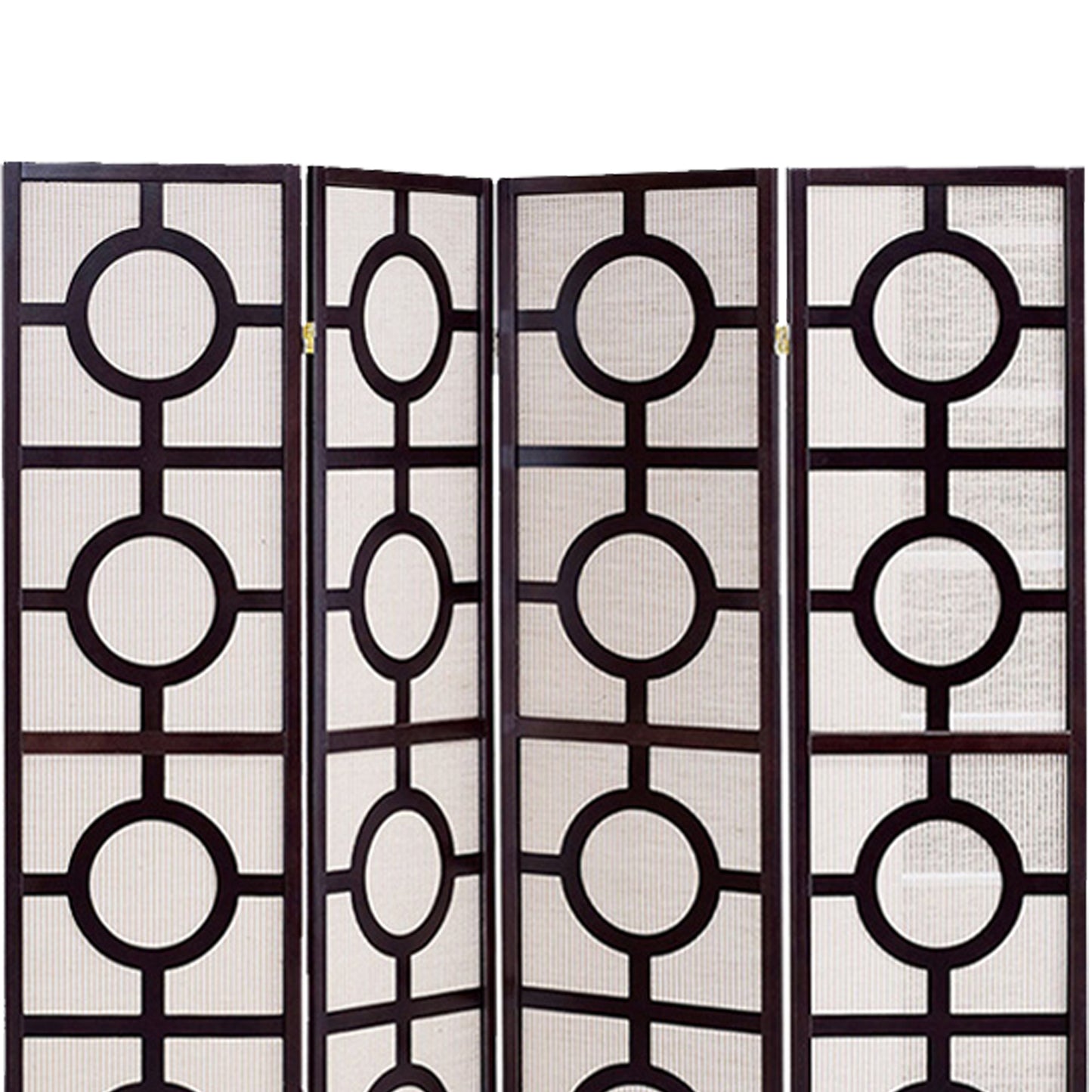 Circular Motif Wooden 4 Panel Room Divider with Jute Inlays, White and Brown