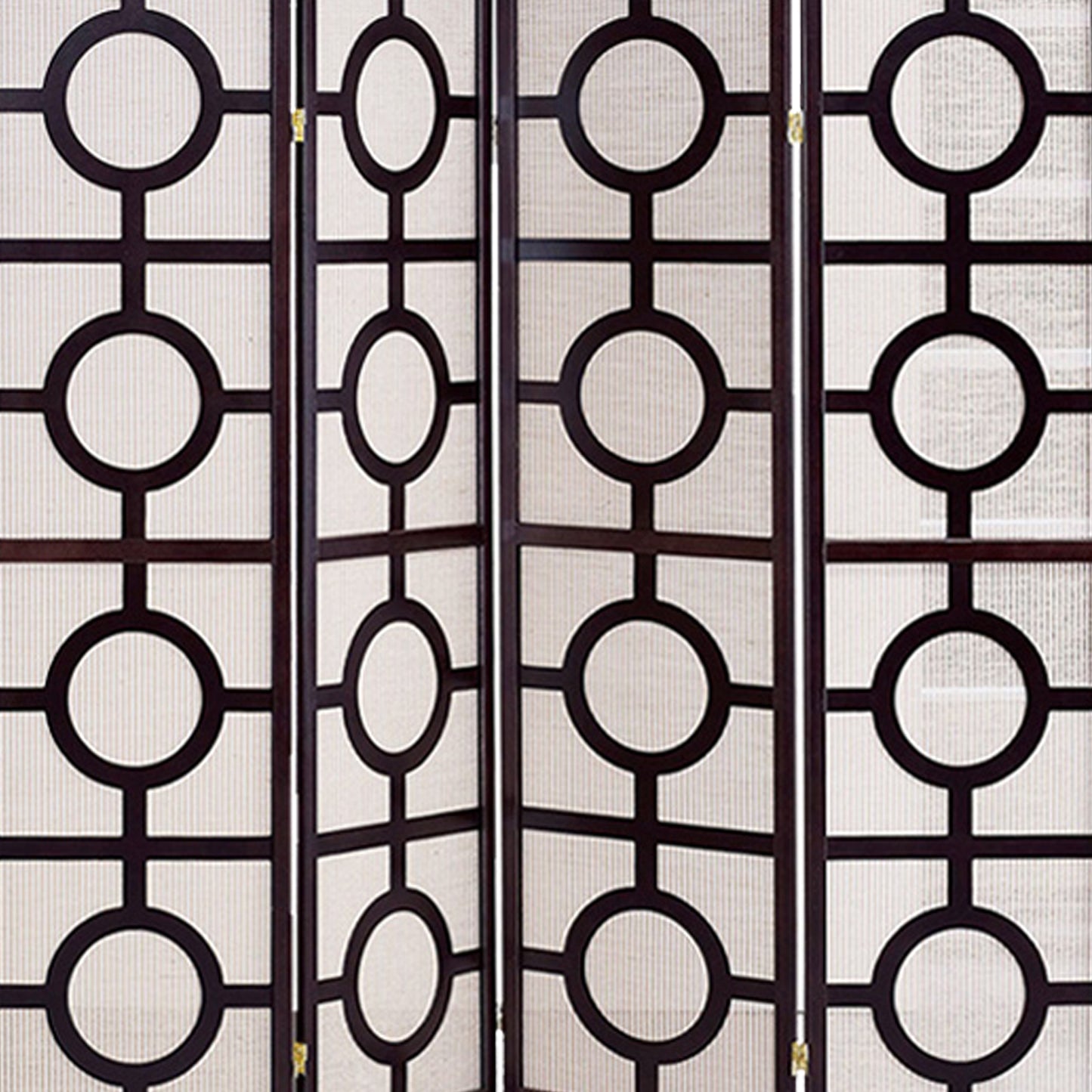 Circular Motif Wooden 4 Panel Room Divider with Jute Inlays, White and Brown