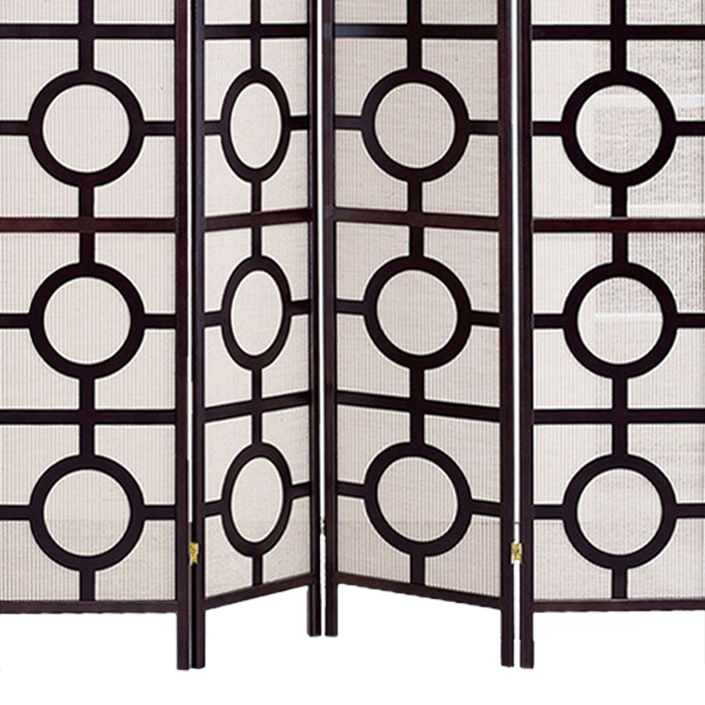 Circular Motif Wooden 4 Panel Room Divider with Jute Inlays, White and Brown