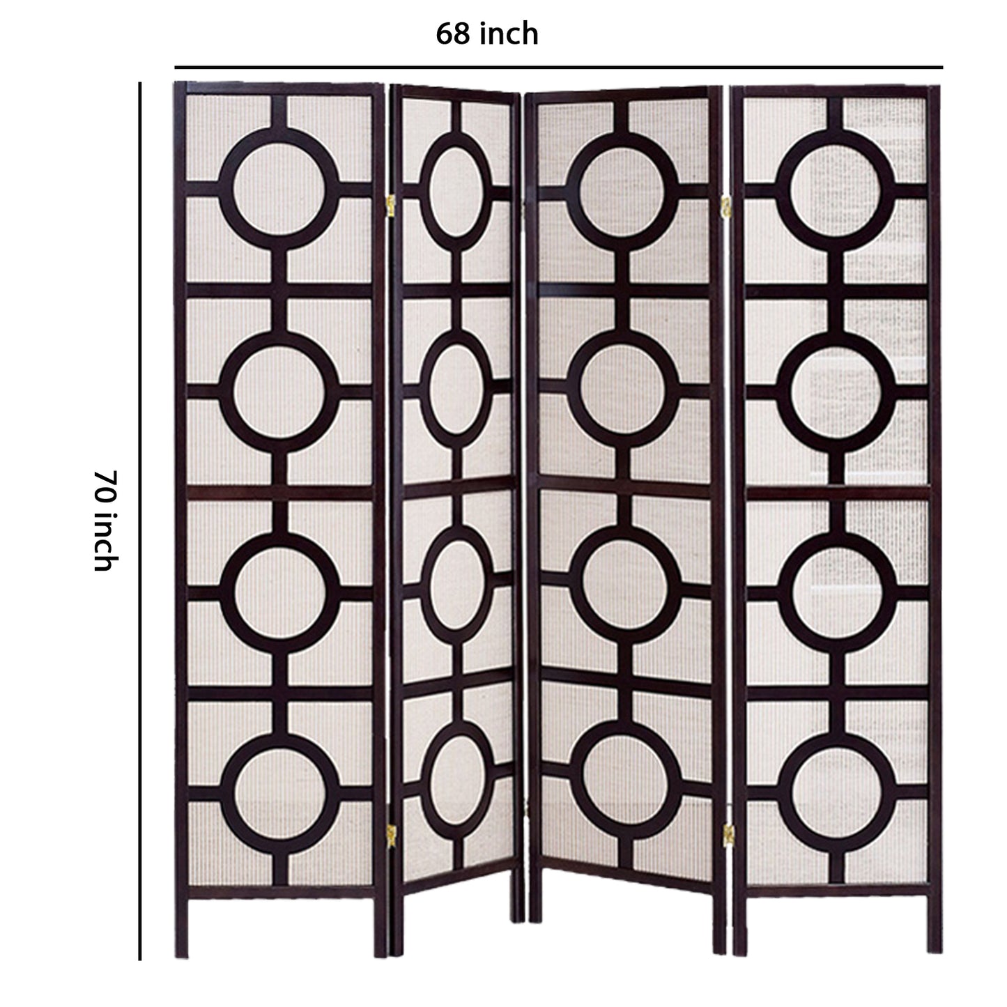 Circular Motif Wooden 4 Panel Room Divider with Jute Inlays, White and Brown