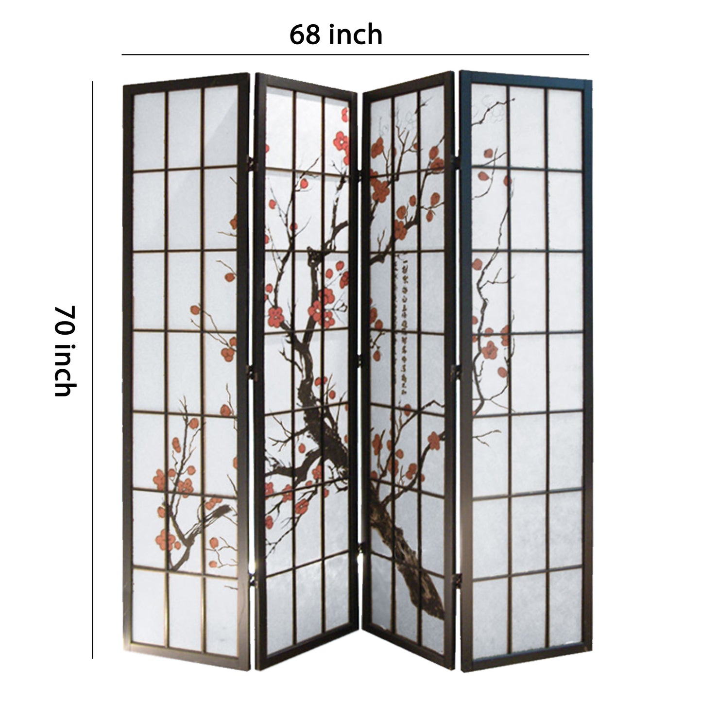 Tree and Flower Print 4 Panel Room Divider with Shoji Inserts, Red and Black